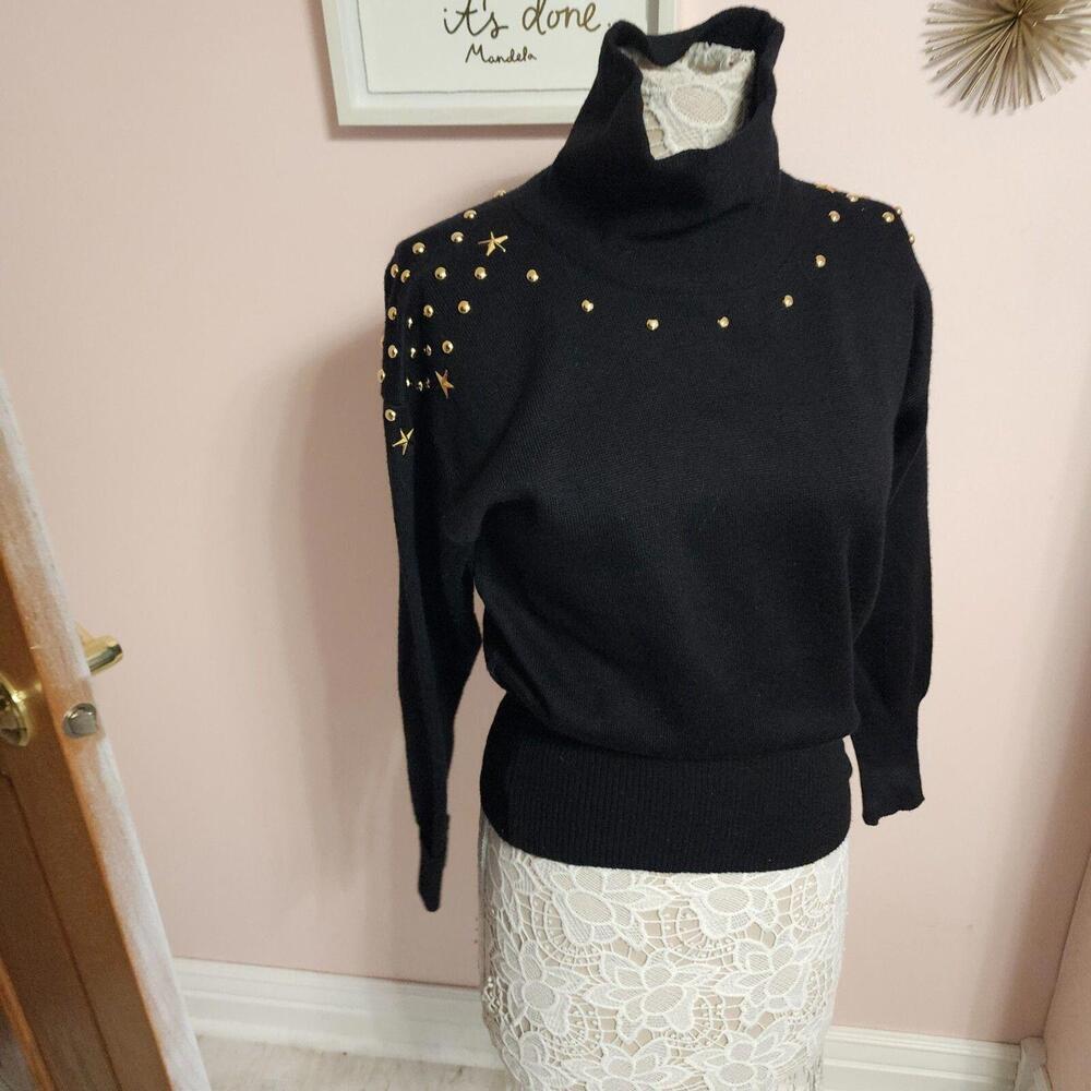 Flawless Meister unique black turtleneck sweater with studs Small S